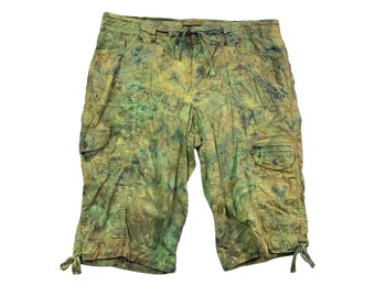 Hand Dyed Upcycled Green Cargo Utility Capri Pants Women Size 14 Bermuda Shorts Festival Watercolor Ice Dye Tie Dye Hippie Boho Large