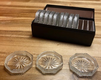 Set of 12 Vintage Glass Coasters – 1950s Cut Crystal Look – High Raised Edge – Original Box – Midcentury Tableware
