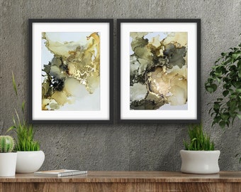 Set of 2 Original Abstract Art A4 Size Triptych Paintings Ink Artwork Contemporary Wall Decor 30x23cm Frame Olive Green Print Decorative