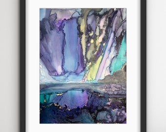 Original Abstract Art | Aurora Borealis Landscape A4 Painting|Alcohol Ink Decorative Wall Decor | Blue Purple Gold Colourful Northern Lights