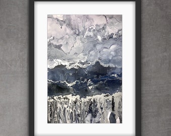 Original Abstract Art A4 Size Painting | Alcohol Ink Fluid Art Wall Decor | 30x23cm Frame Blue and Metallic Silver Landscape Print | Modern