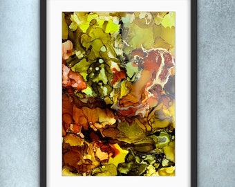 May include: Abstract painting in shades of brown, yellow, and green. The colors are blended together in a swirling pattern, creating a sense of movement and energy.