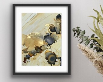 Original Abstract Art A4 Size Painting Fluid Ink Artwork Wall Decor 30x23cm Frame Neutral Gold Beige Black Print Decorative Modern Bird Bee