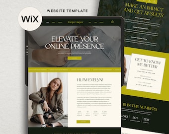 Könnte beinhalten: Eine Website-Vorlage auf einem Tablet, mit einem Wix-Logo und dem Text "ELEVATE YOUR ONLINE PRESENCE". Das Design verwendet Grün und Beige, mit Panels, die Social-Media-Wachstum und Online-Erfolg fördern. Die Vorlage ist für eine Website.