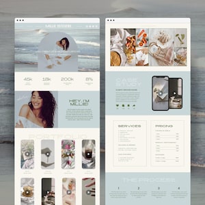 May include: A website homepage for a content creator and photographer named Millie Stevens. The website features a portfolio of work, services offered, pricing information, and a case study. The website is designed in a minimalist style with a light blue and white color scheme.