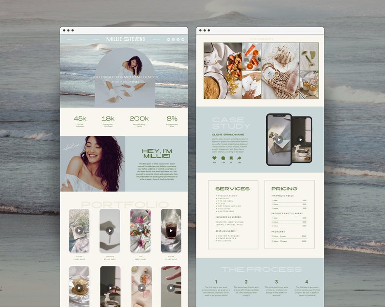 May include: A website homepage for a content creator and photographer named Millie Stevens. The website features a portfolio of work, services offered, pricing information, and a case study. The website is designed in a minimalist style with a light blue and white color scheme.