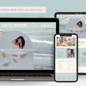 May include: A website screenshot showing a woman posing on a beach with the text "UGC Creator & Microinfluencer" and "Based in Los Angeles". The website is designed to be compatible with all devices. The website also includes a case study, services, pricing, and a portfolio.