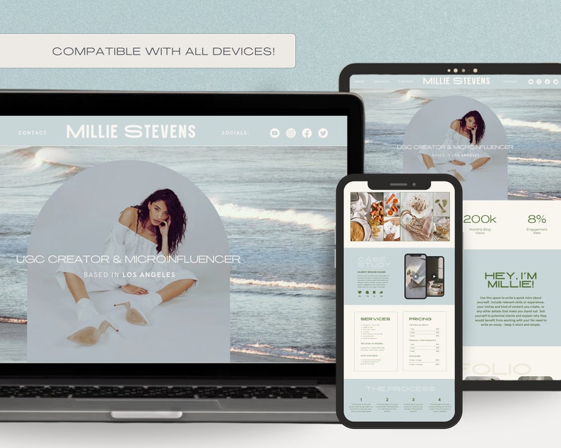 May include: A website screenshot showing a woman posing on a beach with the text "UGC Creator & Microinfluencer" and "Based in Los Angeles". The website is designed to be compatible with all devices. The website also includes a case study, services, pricing, and a portfolio.