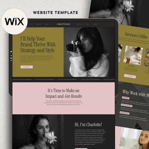 May include: A website template displayed on a tablet, featuring the Wix logo and the text "WEBSITE TEMPLATE." The design includes sections with text like "I'll Help Your Brand Thrive With Strategy and Style" and "It's Time to Make an Impact and Get Results."