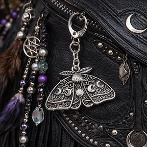 Gothic Moth Bag Purse charm Triple Moon, Wiccan Keyring, Witchy Accessories