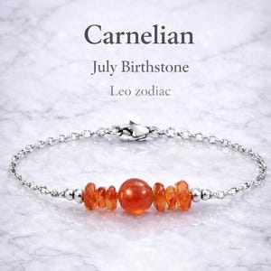 Pulsera de virutas de cornalina, piedra natal de julio, joyería del zodíaco Cáncer Leo, regalo de cumpleaños personalizado para ella.