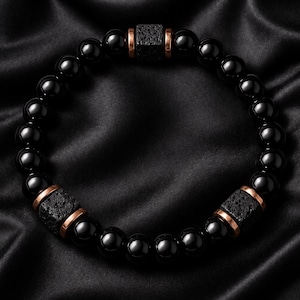 Volcanic Lava Stone, Onyx and Copper Bracelet, Masculine December Birthstone, Birthday gift for Dad
