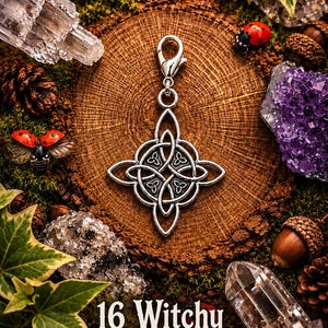 May include: A silver-colored Celtic knot charm with a lobster clasp, displayed on a wood slice surrounded by acorns, crystals, and greenery. The image includes the text "16 Witchy Bag / Purse Charm Options".