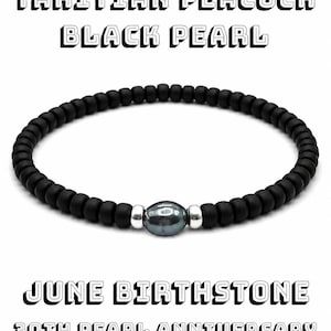 May include: Black beaded bracelet with a Tahitian peacock black pearl and silver accents. The text on the image reads "Tahitian Peacock Black Pearl" and "June Birthstone 30th Pearl Anniversary".