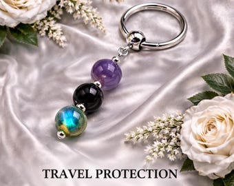 Kryształowy brelok do kluczy z ochroną podróży, zawieszka do torby z ametystu, turmalinu, labradorytu, prezent na bezpieczną podróż