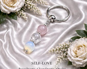 Self Love Crystal Keychain, Rose Quartz Charm, Healing Gift, Spiritual Jewelry, Bag Charm