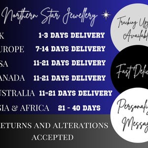 May include: A graphic with the text "Northern Star Jewellery" and delivery times for various regions, including the UK, Europe, USA, Canada, Australia, and Asia & Africa. Additional text includes "Tracking Upgrade Available", "Fast Delivery", and "Personalized Message".