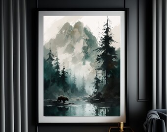 Bear art print, Mountain and Forest art print, Nature art print, Silhouette wall art Print, Grizzly Bear art print, Spirit animal art