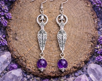 Boucles d'oreilles spirale déesse, améthyste / pierre précieuse personnalisée, bijoux wicca / sorcière, charme de fertilité Hécate