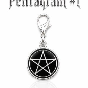 May include: A silver-colored charm with a black pentagram design inside a circular frame. The charm is attached to a clasp and the text "Pentagram #1" is above the charm.