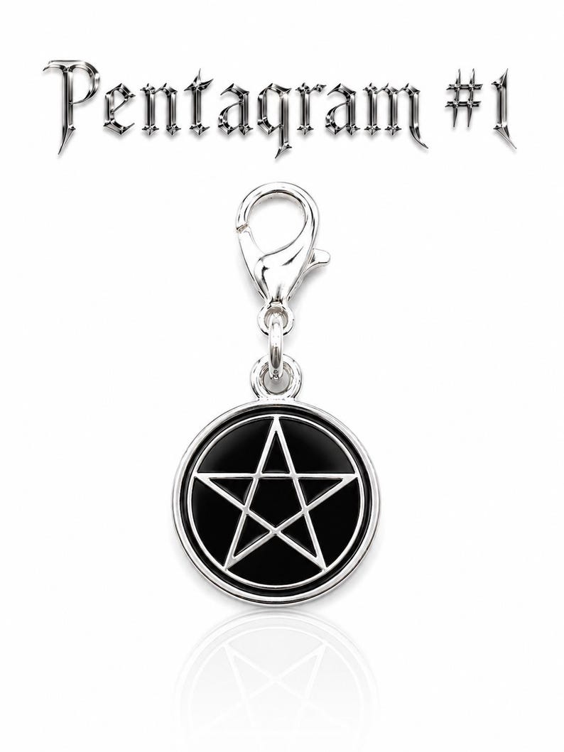 May include: A silver-colored charm with a black pentagram design inside a circular frame. The charm is attached to a clasp and the text "Pentagram #1" is above the charm.