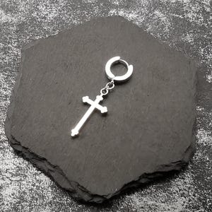 Cross side dangle earring Men&#39;s crucifix jewellery single earring Silver cross jewellery gift for him trendy earrings for men Street wear