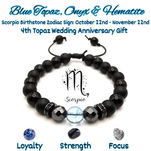 Adjustable Blue Topaz Bracelet, Scorpio zodiac November birthstone jewellery Gift, 4th Husband Anniversary gift Gemstone Of Strength