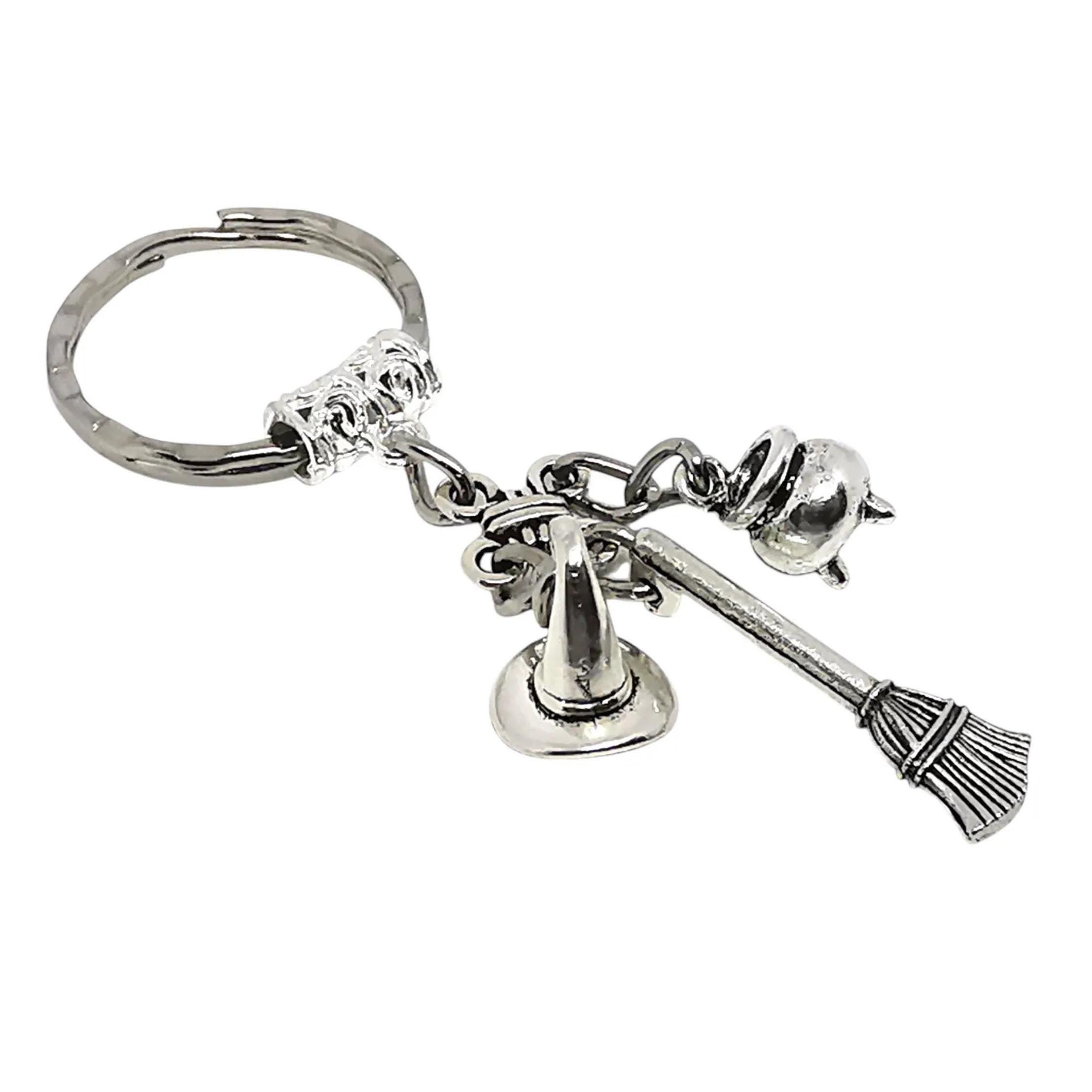 Witchy Keychain Cauldron Witches Chronical Hat Broomstick Keyring Wiccan Keychain Witches symbol Witchy New house gift Gothic keychain