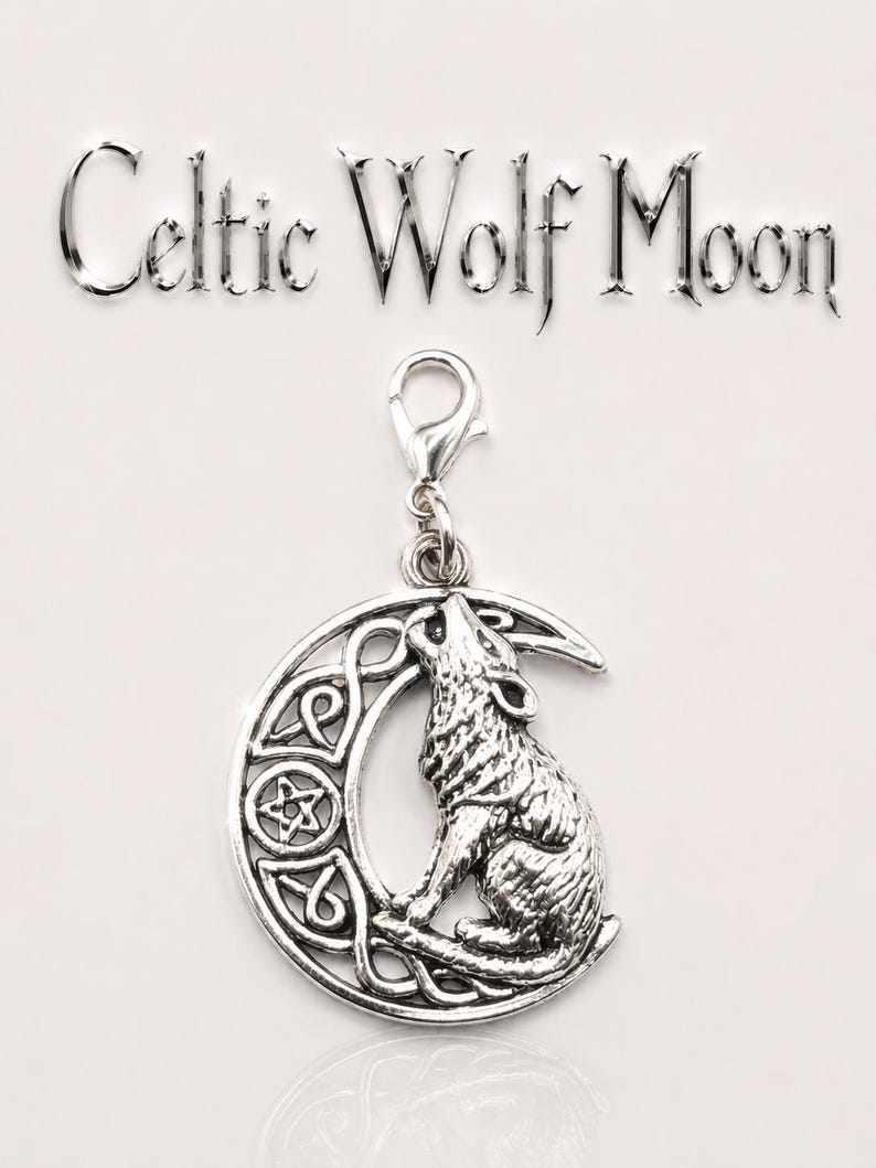 May include: Silver-toned charm featuring a howling wolf silhouette set against a crescent moon with Celtic knotwork. The charm includes a lobster clasp for easy attachment. The words "Celtic Wolf Moon" are above the charm.