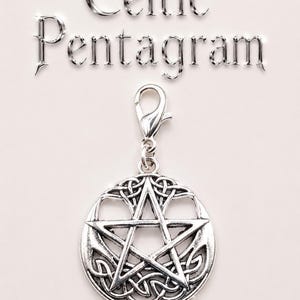 May include: A silver-colored Celtic Pentagram charm with a lobster clasp. The charm features a five-pointed star within a circular frame of Celtic knotwork. The words "Celtic Pentagram" are displayed above the charm.