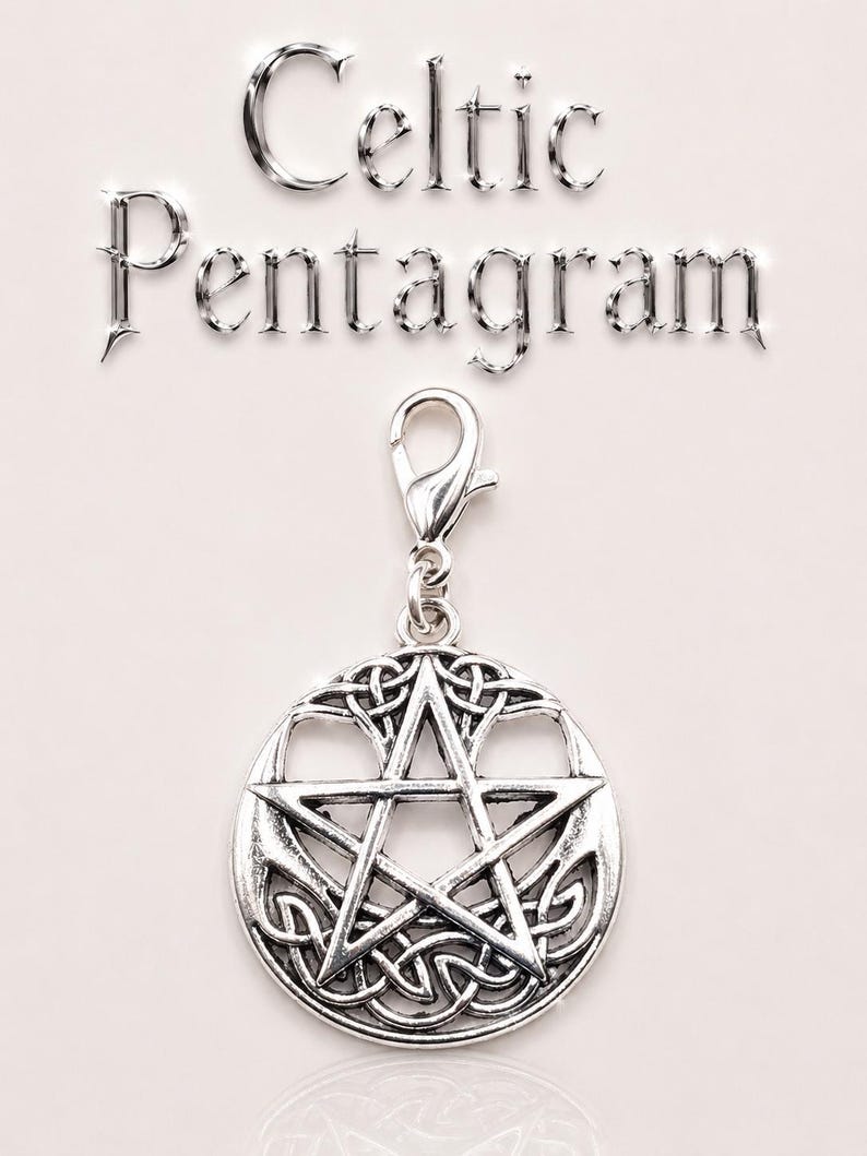 May include: A silver-colored Celtic Pentagram charm with a lobster clasp. The charm features a five-pointed star within a circular frame of Celtic knotwork. The words "Celtic Pentagram" are displayed above the charm.
