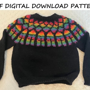 May include: Black knitted sweater with a colorful rainbow pattern around the neckline.  The pattern features geometric shapes and a repeating design.  PDF Digital Download Pattern.