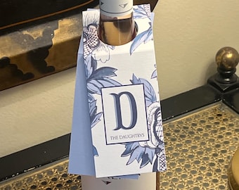 Blue & White Traditional Floral Foliage Monogrammed Wine Tags | Personalized
