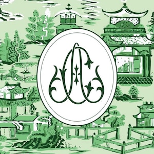 Op de afbeelding: Een lichtgroen en wit toile de Jouy-patroon met pagodes, bruggen en bomen. Een donkergroen monogram staat in een ovaal in het midden. Het ontwerp heeft een klassieke, elegante uitstraling, voor interieurdecoratie of stof.