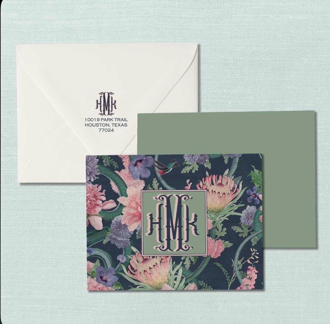 Floral Monogram Notecards: Serpentine Bamboo, Personalized Thank You ...