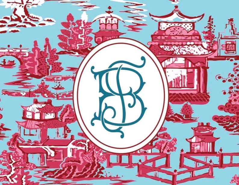 Op de afbeelding: Digitaal patroon met een lichtblauwe achtergrond en een herhalend ontwerp van rode pagodes, bruggen en bomen. Een witte ovaal in het midden bevat turquoise initialen. Het ontwerp doet denken aan traditionele Aziatische kunst.