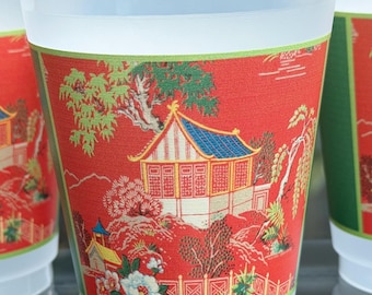 Chinoiserie Cups, Preppy Pagoda, FrostFlex Cups: Chinoiserie Pagodas, 16 oz, Set of 8