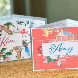 Personalized Mahjong Card Sticker w/ Optional Sleeve | Chinoiserie Pagodas | Script | NMJL & Big Card | 19 patterns