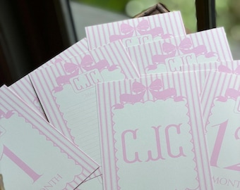 Baby Milestone Card Monogrammed Personalized for Photos 5” x 7” Ticking Pink & Ivory | Scalloped, Bows