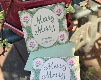 Merry Merry Gift Tags | Stickers | Floral Green |Personalized | Family Initial Calling Enclosure Cards Christmas