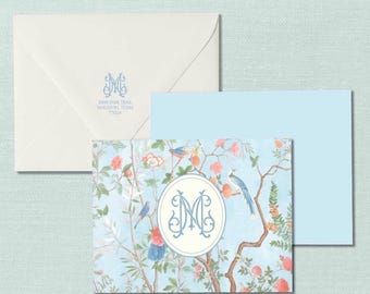 Branch Bird Floral Stationery Notecards: Personalized Monogram Thank You Notes