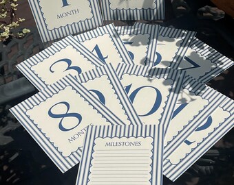 Baby Milestone Card for Photos 5” x 7” Ticking and Scallop Details Navy & Ivory
