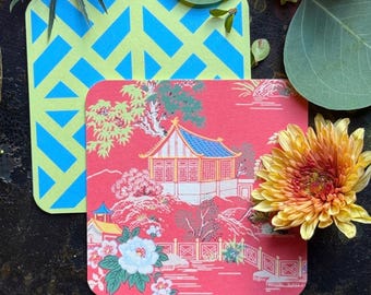Mahjong Coasters | Preppy Pagoda Chinoiserie Patterns | Double Thick | Set of 8