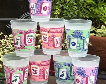 Mahjong Tiles FrostFlex Cups: Chinoiserie Pagodas, 16 oz, Set of 8