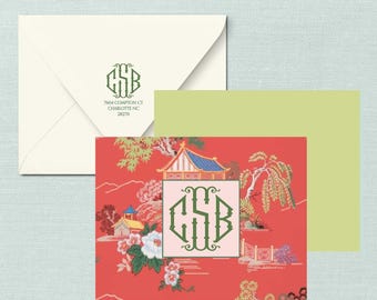Monogram Notecards: Red Pagoda | Personalized Thank You Notes | Shadow Bamboo Monogram | Stationery