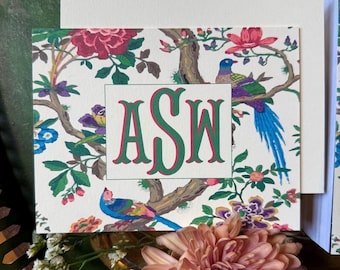 Chinoiserie Bird Floral Shadow Fishtail Monogram Notecards: Historical Wallpaper Stationery