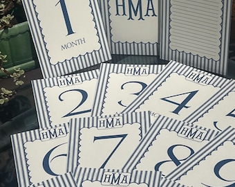 Baby Milestone Card Monogrammed Personalized for Photos 5” x 7” Ticking Navy & Ivory