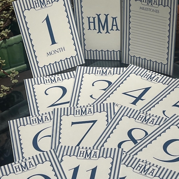 Baby Milestone Card Monogrammed Personalized for Photos 5” x 7” Ticking Navy & Ivory