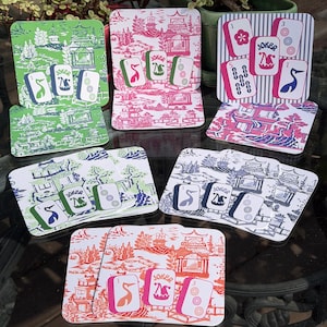 Mahjong Coasters | Preppy Pagoda Chinoiserie Patterns | Thick | 6 Color Choices | Set of 8