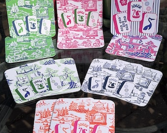 Mahjong Coasters | Preppy Pagoda Chinoiserie Patterns | Thick | 6 Color Choices | Set of 10